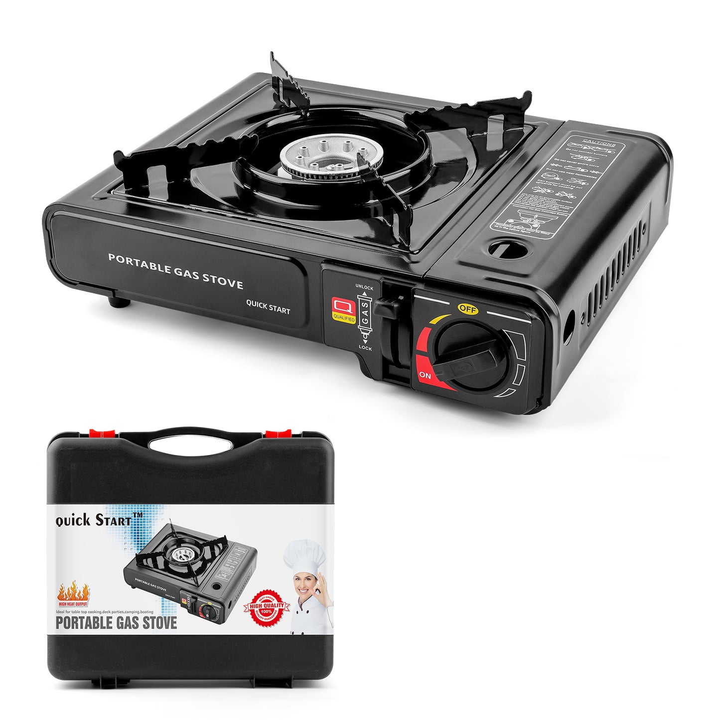 Portable Stove – High BTU, Professional Quality, Portable, with Carry Case, High Performance, Electronic Ignition, Brass Burner, Double Wind Guard + Butane Fuel Cylinders (Stove + 4 Pack Butane Fuel)