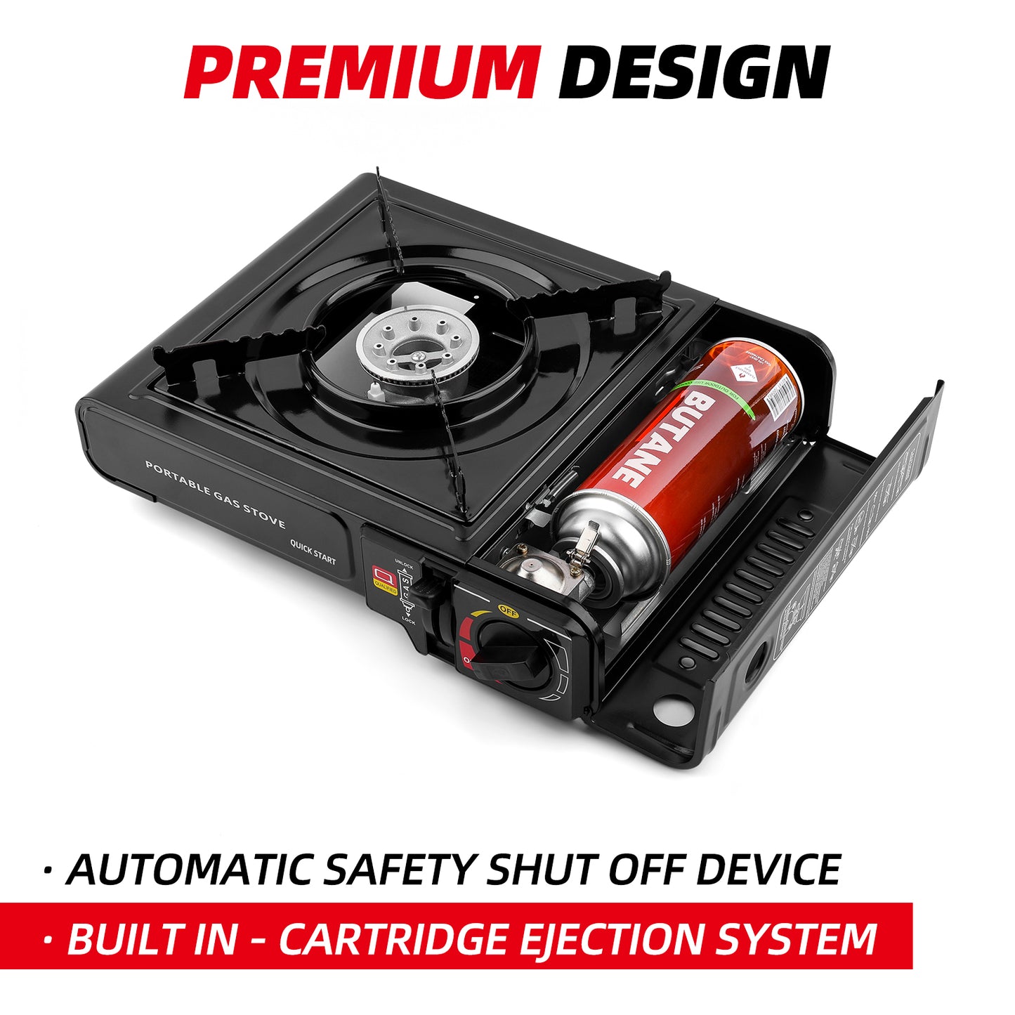 Portable Stove – High BTU, Professional Quality, Portable, with Carry Case, High Performance, Electronic Ignition, Brass Burner, Double Wind Guard + Butane Fuel Cylinders (Stove + 4 Pack Butane Fuel)