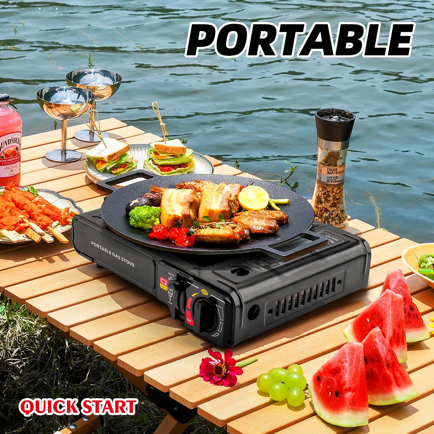 Portable Stove – High BTU, Professional Quality, Portable, with Carry Case, High Performance, Electronic Ignition, Brass Burner, Double Wind Guard + Butane Fuel Cylinders (Stove + 4 Pack Butane Fuel)